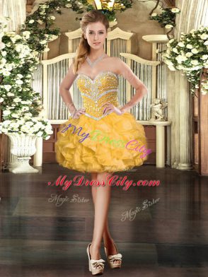 Pretty Sleeveless Floor Length Beading and Ruffles Lace Up Quinceanera Gowns with Gold