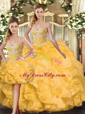 Pretty Sleeveless Floor Length Beading and Ruffles Lace Up Quinceanera Gowns with Gold