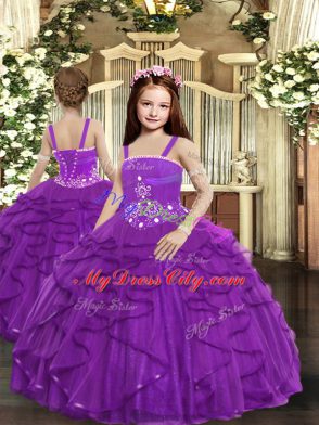 Floor Length Purple Little Girl Pageant Dress Straps Sleeveless Lace Up