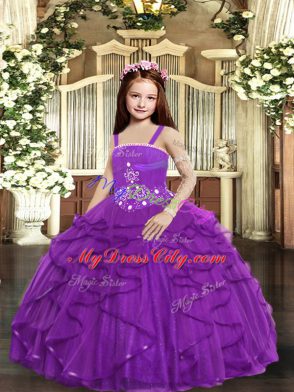 Floor Length Purple Little Girl Pageant Dress Straps Sleeveless Lace Up