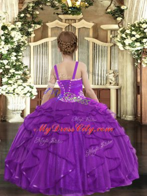 Floor Length Purple Little Girl Pageant Dress Straps Sleeveless Lace Up