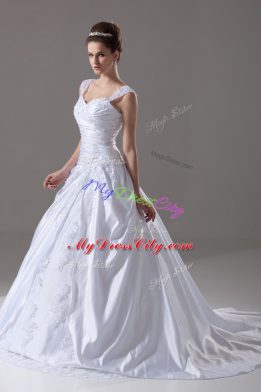 Lace Up Wedding Dress White for Wedding Party with Beading and Appliques Brush Train
