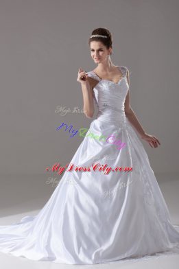 Lace Up Wedding Dress White for Wedding Party with Beading and Appliques Brush Train