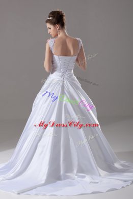 Lace Up Wedding Dress White for Wedding Party with Beading and Appliques Brush Train