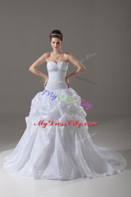 White A-line Sweetheart Sleeveless Taffeta Brush Train Lace Up Beading and Pick Ups Wedding Gowns