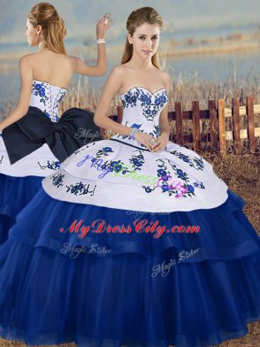 Great Embroidery and Bowknot Quinceanera Gown Royal Blue Lace Up Sleeveless Floor Length