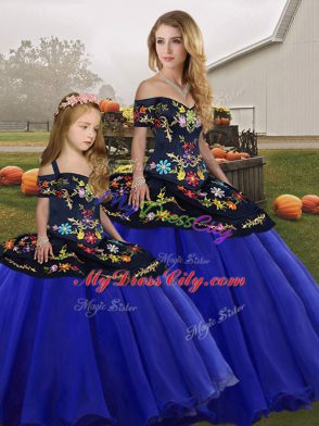 Fashion Royal Blue Ball Gowns Embroidery Sweet 16 Quinceanera Dress Lace Up Tulle Sleeveless Floor Length