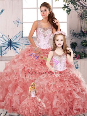Top Selling Watermelon Red Organza Clasp Handle Quinceanera Dress Sleeveless Floor Length Beading and Ruffles