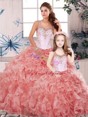 Top Selling Watermelon Red Organza Clasp Handle Quinceanera Dress Sleeveless Floor Length Beading and Ruffles