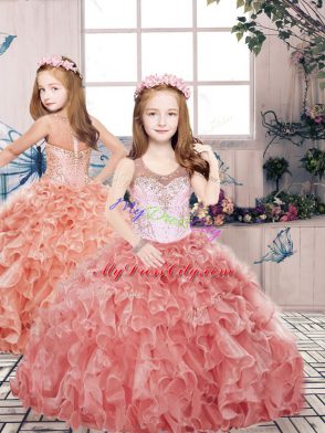 Top Selling Watermelon Red Organza Clasp Handle Quinceanera Dress Sleeveless Floor Length Beading and Ruffles