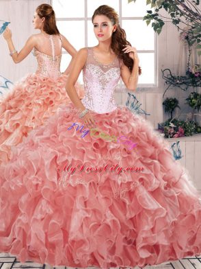 Top Selling Watermelon Red Organza Clasp Handle Quinceanera Dress Sleeveless Floor Length Beading and Ruffles