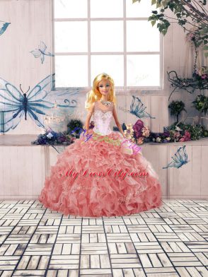 Top Selling Watermelon Red Organza Clasp Handle Quinceanera Dress Sleeveless Floor Length Beading and Ruffles