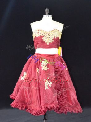 Beauteous Wine Red Organza Zipper Sweetheart Sleeveless Mini Length Homecoming Dress Appliques and Ruffles