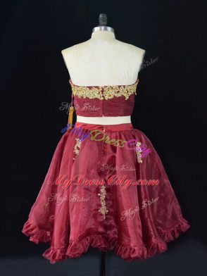 Beauteous Wine Red Organza Zipper Sweetheart Sleeveless Mini Length Homecoming Dress Appliques and Ruffles