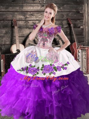 Sleeveless Floor Length Embroidery Lace Up Quinceanera Gowns with Purple