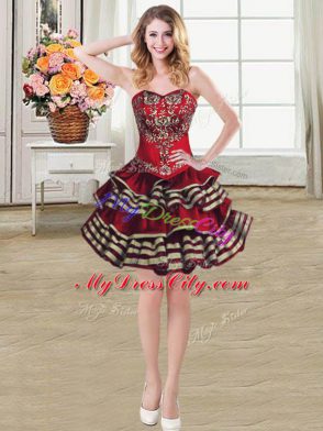 Sweetheart Sleeveless Mini Length Embroidery and Ruffled Layers Burgundy Taffeta