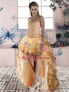 Gold Sleeveless Brush Train Ruffled Layers Ball Gown Prom Dress