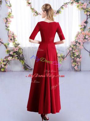 Ankle Length Fuchsia Bridesmaid Dresses V-neck Half Sleeves Zipper