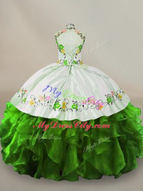 Ball Gowns 15th Birthday Dress Green Halter Top Organza Sleeveless Floor Length Lace Up