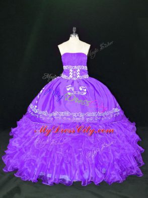 Best Selling Lavender Quince Ball Gowns Sweet 16 and Quinceanera with Embroidery and Ruffles Strapless Sleeveless Lace Up