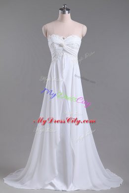 High End White Wedding Dresses Wedding Party with Beading and Lace Sweetheart Sleeveless Brush Train Lace Up