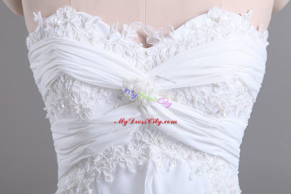 High End White Wedding Dresses Wedding Party with Beading and Lace Sweetheart Sleeveless Brush Train Lace Up