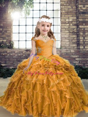 Gold Ball Gowns Beading and Ruffles Little Girl Pageant Gowns Lace Up Organza Sleeveless Floor Length
