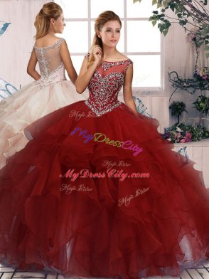Cute Burgundy Two Pieces Organza Scoop Sleeveless Beading and Ruffles Floor Length Zipper 15th Birthday Dress