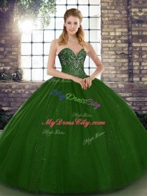 Pretty Floor Length Lace Up 15th Birthday Dress Green for Military Ball and Sweet 16 and Quinceanera with Beading