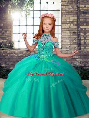 Amazing High-neck Sleeveless Tulle Child Pageant Dress Beading Lace Up