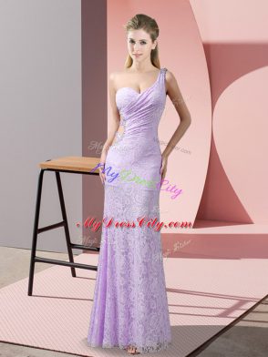 Lace One Shoulder Sleeveless Criss Cross Beading and Lace Prom Dresses in Lavender