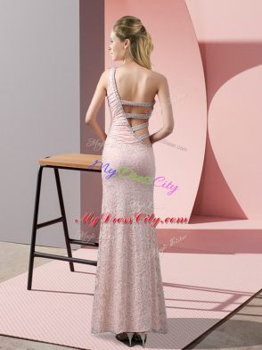 Lace One Shoulder Sleeveless Criss Cross Beading and Lace Prom Dresses in Lavender