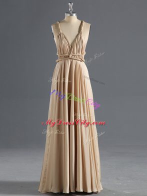 Floor Length Criss Cross Evening Gowns Champagne for Prom and Party and Military Ball with Ruching