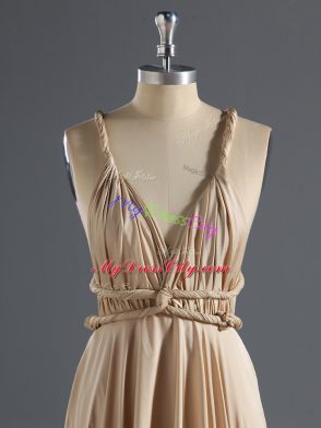 Floor Length Criss Cross Evening Gowns Champagne for Prom and Party and Military Ball with Ruching