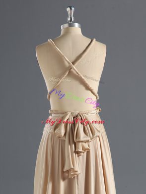 Floor Length Criss Cross Evening Gowns Champagne for Prom and Party and Military Ball with Ruching