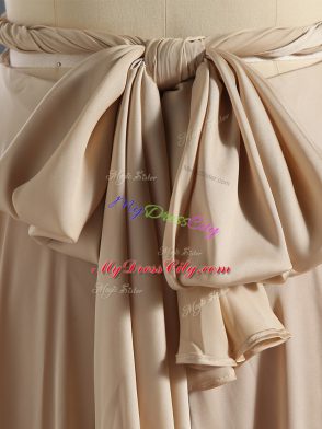 Floor Length Criss Cross Evening Gowns Champagne for Prom and Party and Military Ball with Ruching