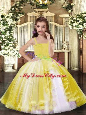 Straps Sleeveless Lace Up Little Girls Pageant Dress Yellow Tulle