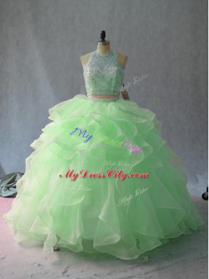 Backless 15 Quinceanera Dress Apple Green for Sweet 16 and Quinceanera with Beading and Ruffles
