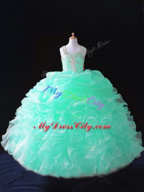 Excellent Beading and Ruffles and Pick Ups Pageant Dress Womens Apple Green Zipper Sleeveless Floor Length
