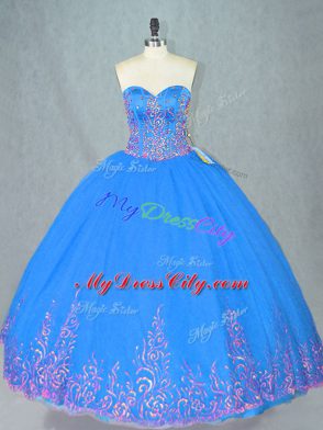 Blue Ball Gowns Sweetheart Sleeveless Tulle Floor Length Lace Up Beading and Embroidery Sweet 16 Dresses