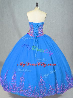 Blue Ball Gowns Sweetheart Sleeveless Tulle Floor Length Lace Up Beading and Embroidery Sweet 16 Dresses