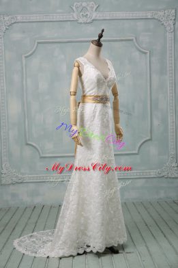White Column/Sheath Lace V-neck Sleeveless Beading and Lace and Belt Backless Wedding Dresses Brush Train