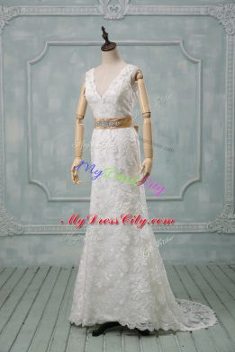 White Column/Sheath Lace V-neck Sleeveless Beading and Lace and Belt Backless Wedding Dresses Brush Train