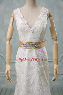 White Column/Sheath Lace V-neck Sleeveless Beading and Lace and Belt Backless Wedding Dresses Brush Train