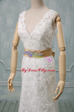 White Column/Sheath Lace V-neck Sleeveless Beading and Lace and Belt Backless Wedding Dresses Brush Train