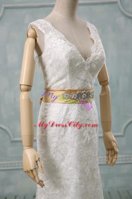 White Column/Sheath Lace V-neck Sleeveless Beading and Lace and Belt Backless Wedding Dresses Brush Train