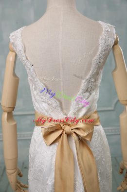 White Column/Sheath Lace V-neck Sleeveless Beading and Lace and Belt Backless Wedding Dresses Brush Train