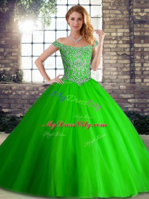 Off The Shoulder Sleeveless Tulle 15th Birthday Dress Beading Brush Train Lace Up