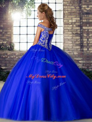 Off The Shoulder Sleeveless Tulle 15th Birthday Dress Beading Brush Train Lace Up