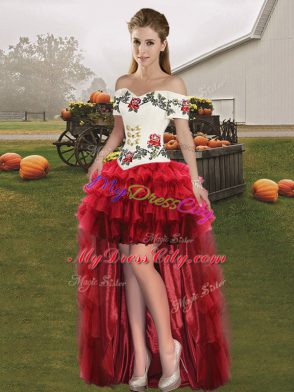 Wine Red A-line Embroidery and Ruffled Layers Dress for Prom Lace Up Organza Sleeveless High Low
